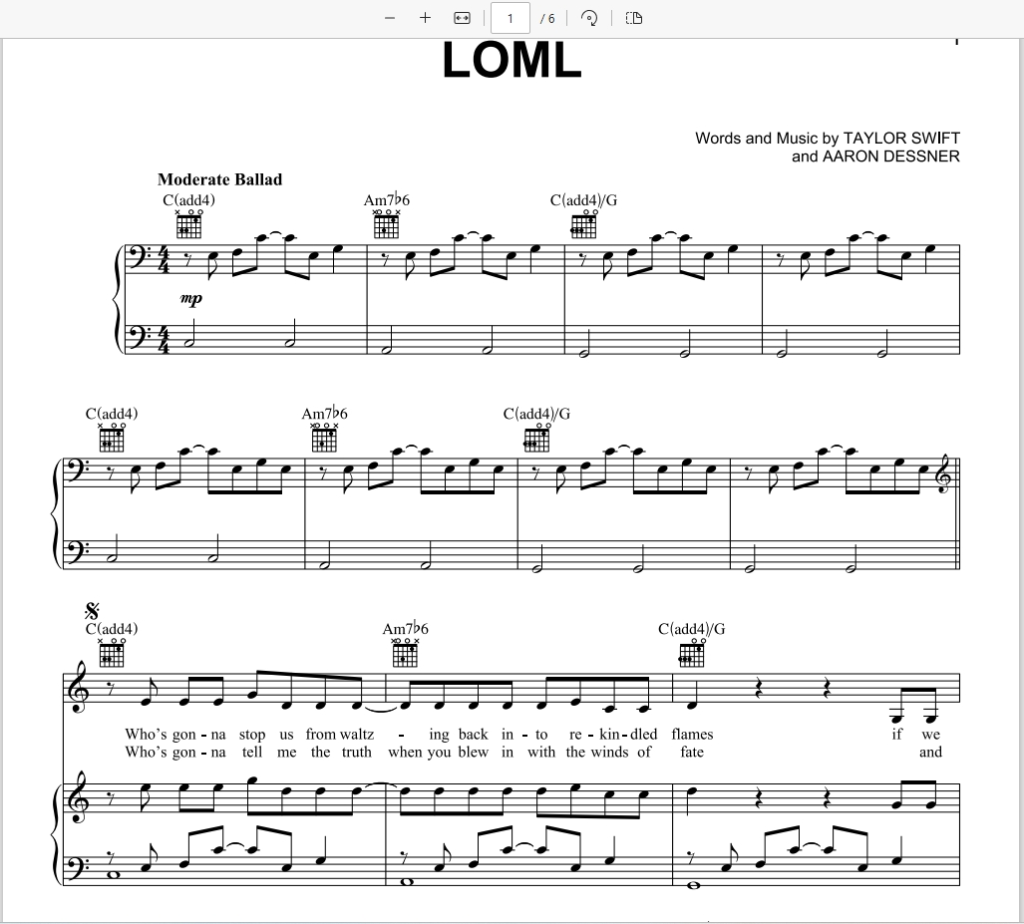 Loml官方发行原版-Taylor Swift-Piano-Vocal-Guitar霉霉歌曲钢琴版钢琴谱五线谱带吉他指法钢琴谱网| ninept钢琴谱网|钢琴谱|ninept|钢琴谱|简谱|钢琴教程|钢琴软件|五线谱|钢琴网|曲谱网|ninept钢琴| ninept.com|钢琴软件|音乐软件ninept钢琴