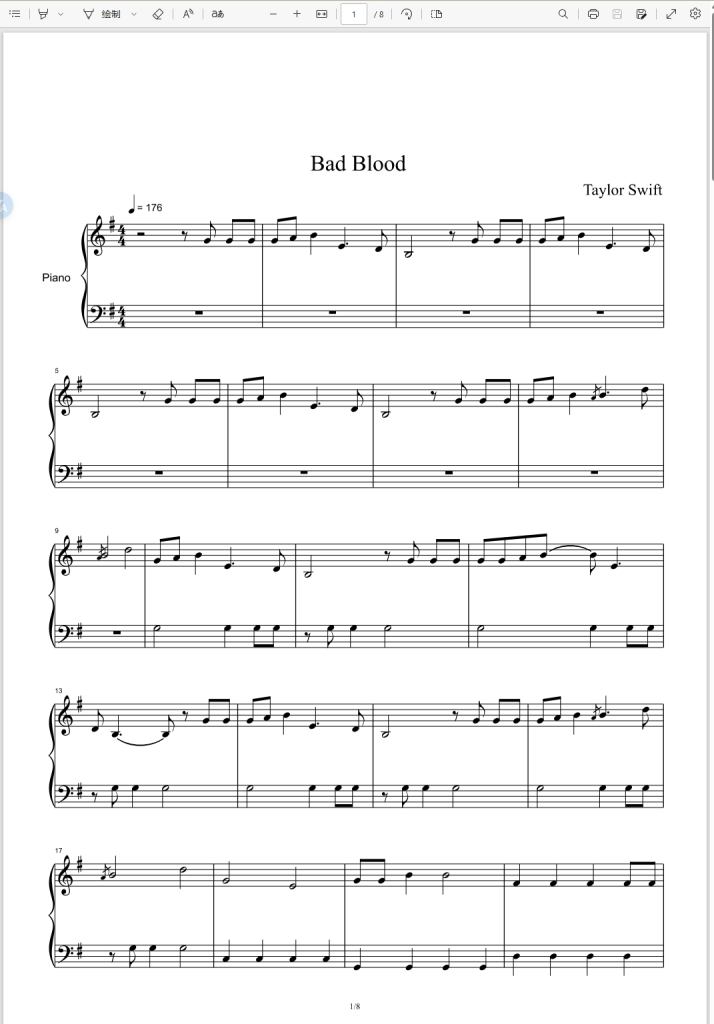 Bad Blood-Taylor Swift-Piano Solo霉霉歌曲钢琴谱钢琴版五线谱钢琴谱网| ninept钢琴谱网|钢琴谱|ninept|钢琴谱|简谱|钢琴教程|钢琴软件|五线谱|钢琴网|曲谱网|ninept钢琴| ninept.com|钢琴软件|音乐软件ninept钢琴