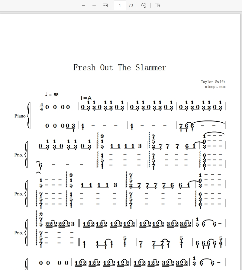 《Fresh Out The Slammer》简谱 Taylor Swift 钢琴版钢琴曲钢琴谱视频同款谱钢琴谱网| ninept钢琴谱网|钢琴谱|ninept|钢琴谱|简谱|钢琴教程|钢琴软件|五线谱|钢琴网|曲谱网|ninept钢琴| ninept.com|钢琴软件|音乐软件ninept钢琴