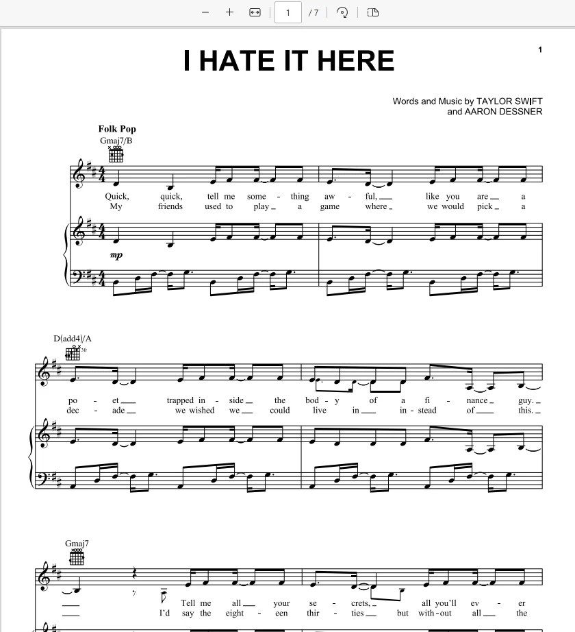 I Hate It Here官方数字发行版Piano-Vocal-Guitar钢琴谱-Taylor Swift霉霉歌曲TTPD专辑豪华版里的钢琴谱网| ninept钢琴谱网|钢琴谱|ninept|钢琴谱|简谱|钢琴教程|钢琴软件|五线谱|钢琴网|曲谱网|ninept钢琴| ninept.com|钢琴软件|音乐软件ninept钢琴