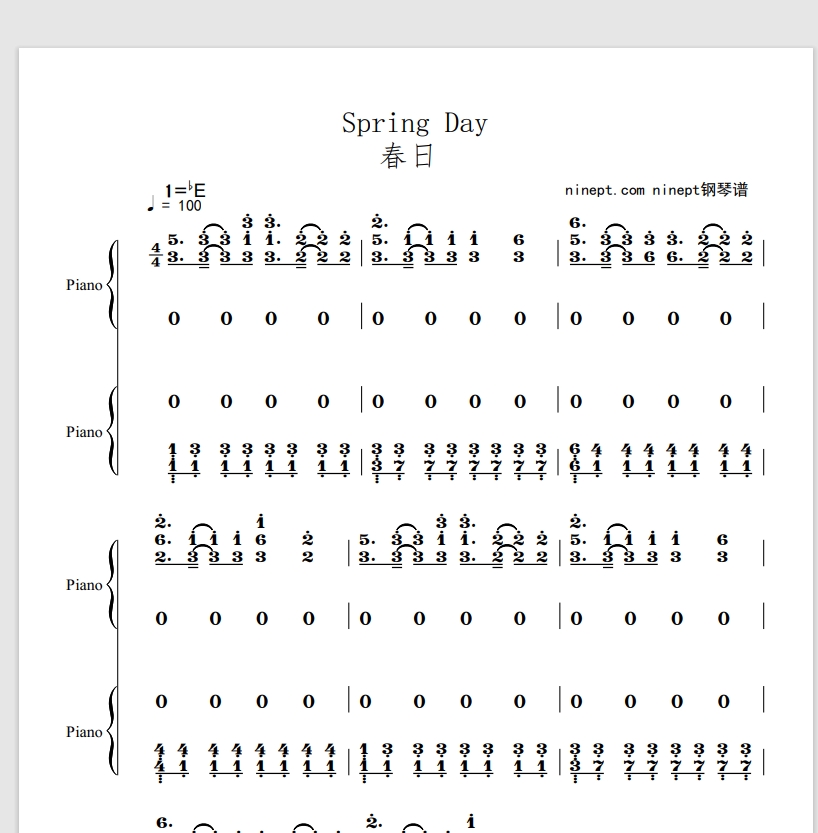 《Spring Day/春日》原版简谱 - BTS（防弹少年团） (Original Version)钢琴版钢琴曲钢琴谱简谱钢琴谱网| ninept钢琴谱网|钢琴谱|ninept|钢琴谱|简谱|钢琴教程|钢琴软件|五线谱|钢琴网|曲谱网|ninept钢琴| ninept.com|钢琴软件|音乐软件ninept钢琴
