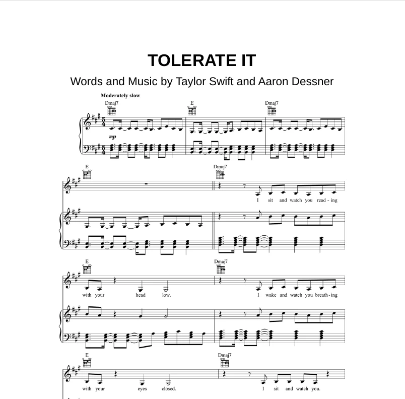 Tolerate It 官方数字原版- Taylor Swift钢琴谱钢琴曲五线谱钢琴谱网| ninept钢琴谱网|钢琴谱|ninept|钢琴谱|简谱|钢琴教程|钢琴软件|五线谱|钢琴网|曲谱网|ninept钢琴| ninept.com|钢琴软件|音乐软件ninept钢琴