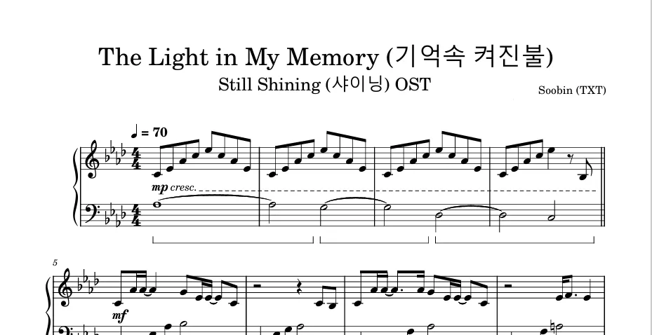 图片[1]钢琴谱网| ninept钢琴谱网|钢琴谱|ninept|钢琴谱|简谱|钢琴教程|钢琴软件|五线谱|钢琴网|曲谱网|ninept钢琴| ninept.com|钢琴软件|音乐软件The Light in My Memory 《闪亮》OST 秀彬  TXT Soobin  钢琴谱 五线谱 有钢琴版  钢琴曲 TXT钢琴曲 五线谱共4页