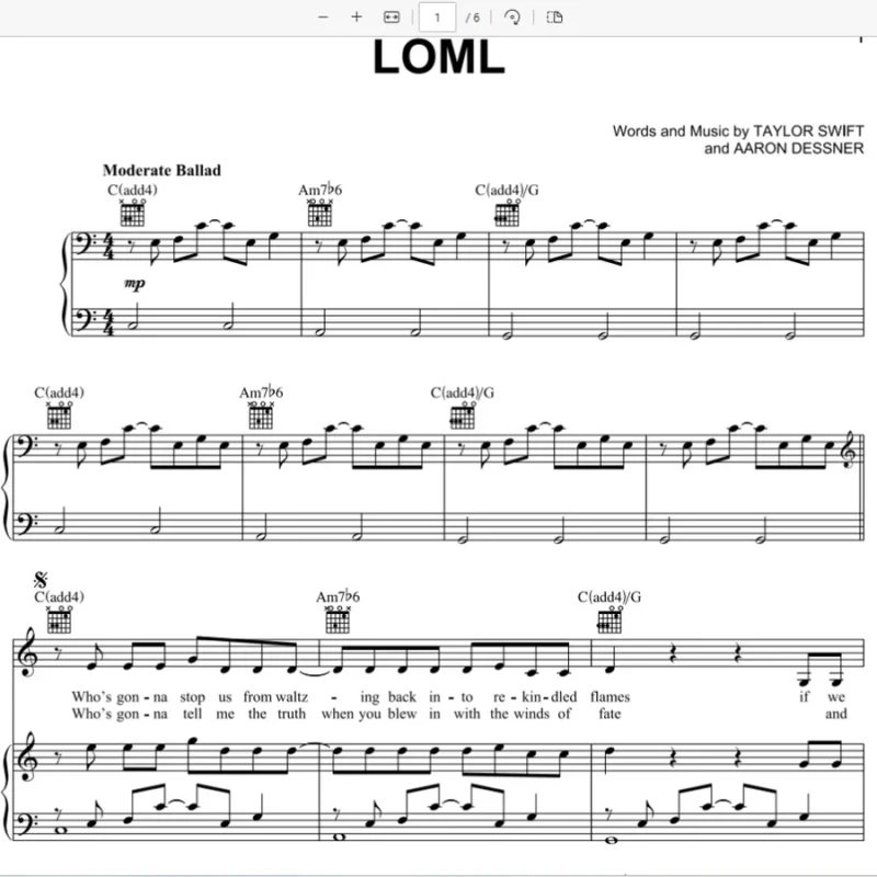Loml官方发行原版-Taylor Swift-Piano-Vocal-Guitar霉霉歌曲钢琴版钢琴谱五线谱带吉他指法钢琴谱网| ninept钢琴谱网|钢琴谱|ninept|钢琴谱|简谱|钢琴教程|钢琴软件|五线谱|钢琴网|曲谱网|ninept钢琴| ninept.com|钢琴软件|音乐软件ninept钢琴