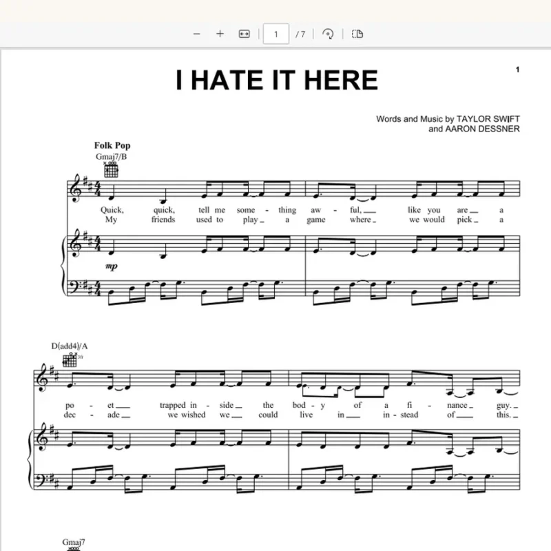 I Hate It Here官方数字发行版Piano-Vocal-Guitar钢琴谱-Taylor Swift霉霉歌曲TTPD专辑豪华版里的钢琴谱网| ninept钢琴谱网|钢琴谱|ninept|钢琴谱|简谱|钢琴教程|钢琴软件|五线谱|钢琴网|曲谱网|ninept钢琴| ninept.com|钢琴软件|音乐软件ninept钢琴