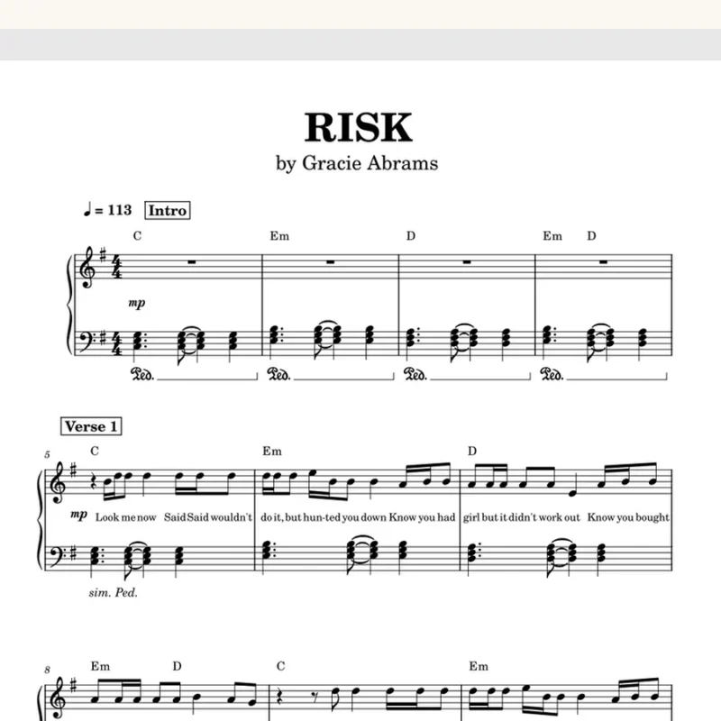 Risk - Gracie Abrams钢琴版钢琴曲钢琴谱五线谱钢琴谱网| ninept钢琴谱网|钢琴谱|ninept|钢琴谱|简谱|钢琴教程|钢琴软件|五线谱|钢琴网|曲谱网|ninept钢琴| ninept.com|钢琴软件|音乐软件ninept钢琴