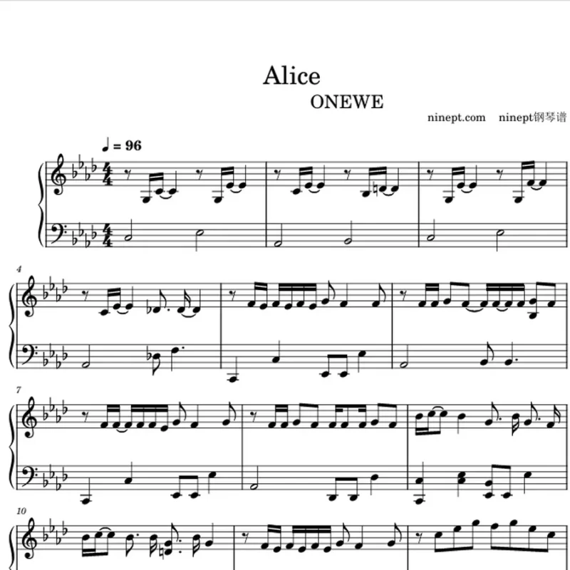 Alice五线谱和简谱 - ONEWE钢琴版钢琴曲钢琴谱钢琴谱网| ninept钢琴谱网|钢琴谱|ninept|钢琴谱|简谱|钢琴教程|钢琴软件|五线谱|钢琴网|曲谱网|ninept钢琴| ninept.com|钢琴软件|音乐软件ninept钢琴